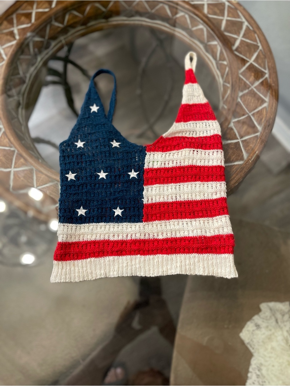 Francesca's Collections American Flag Knit Crop Top - Red, White, Blue